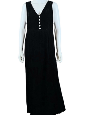 VTG Tisa 100% Cotton Black Crushed Velvet Sleeveless V Neck Maxi Dress Jumper